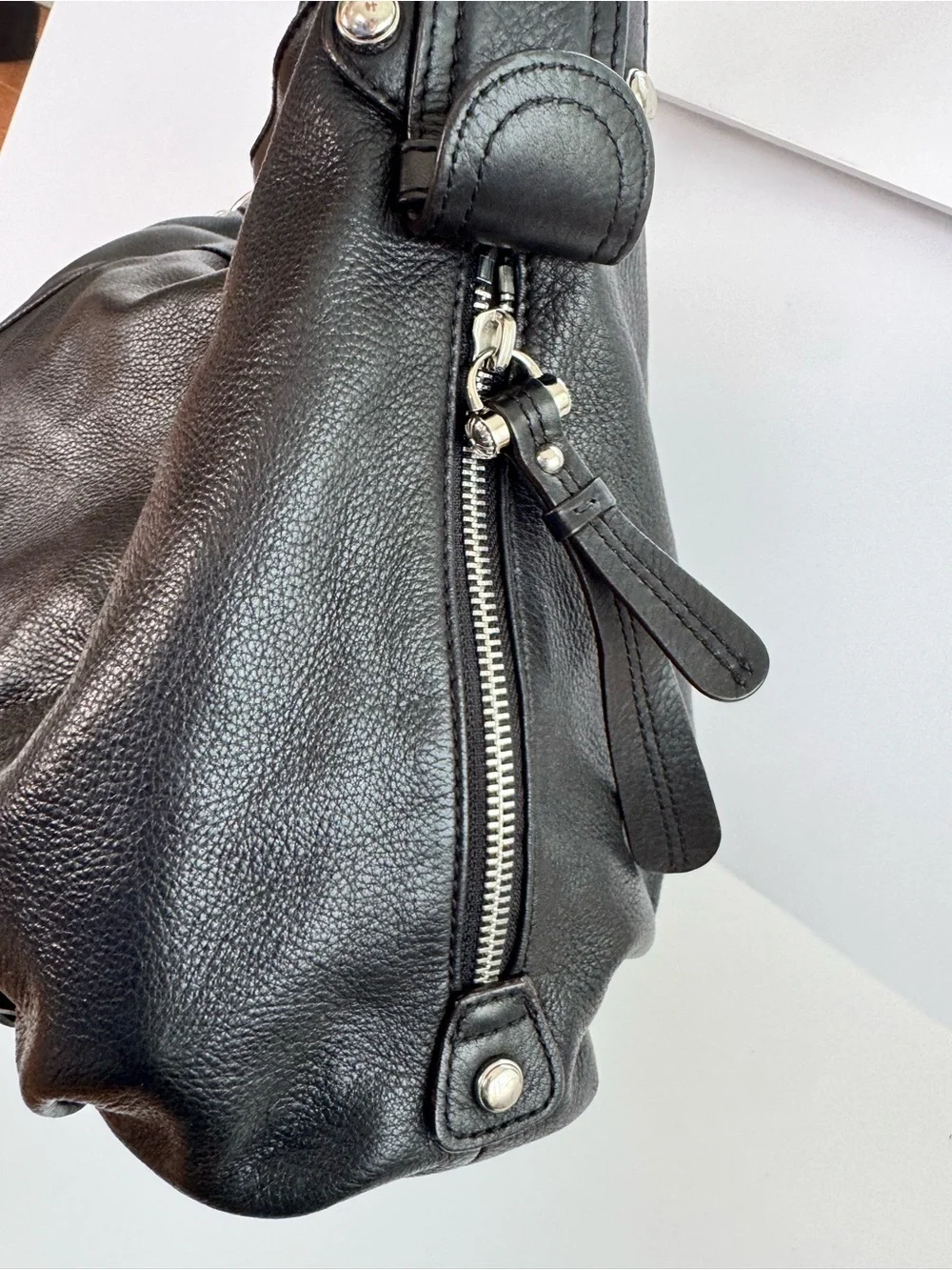 B. Makowsky Black Leather Hobo Handbag Silver Tone Hardware